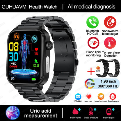2024 New ECG+PPG Uric Acid Non-Invasive Blood Glucose Smartwatch Men Bluetooth Call Heart Rate Blood Pressure Smart Watch Women
