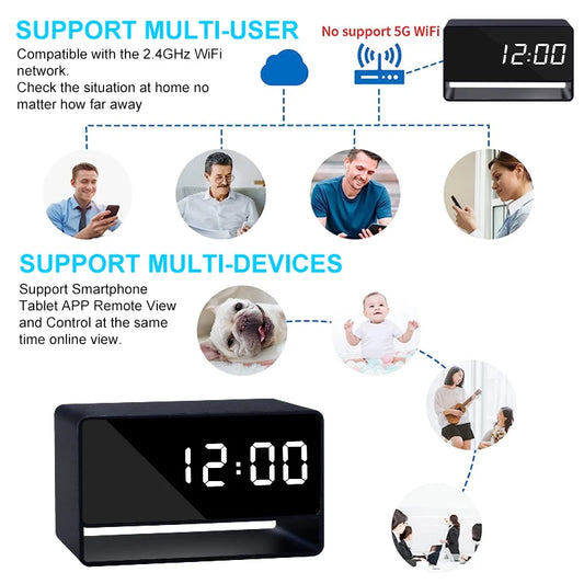 Alarm Clock Cam Full HD 1080P WiFi Wireless Remote Camera Night Vision Motion Detection Alert Surveillance Home Office Security