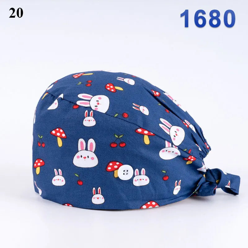 Floral Soft Hat Printing Nurse Sweat-absorbent Head Wrap Towel Surgical Anti-Dirty Pure Cotton Cap With Button Scrub Cap