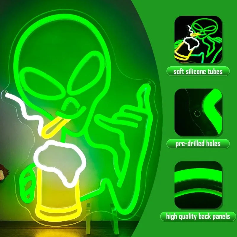 XM Green Alien Neon Light for Wall Decor Dimmable Man Cave Neon Sign LED Neon Sign Bedroom Hip Hop Party Game Room Beer Bar Gift