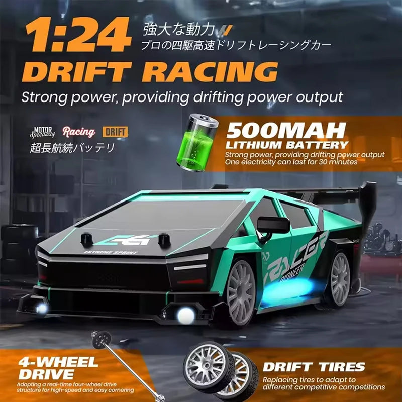 RC Drifting Car 1:24 4WD 30km/H High Speed LED Lights Gyro 2.4Ghz Remote Control with PVC Shell Electric Toys for Boys Kids Gift
