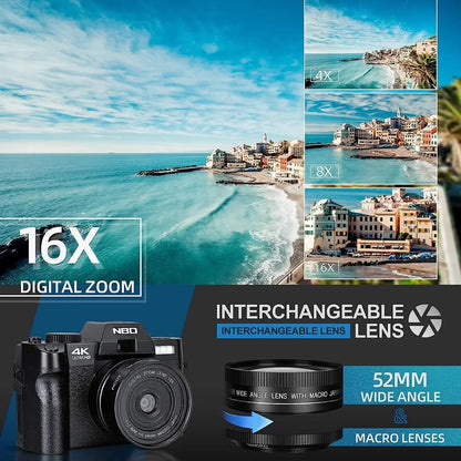 NBD Panoramic NBD 4K Kids Digital Camera 16X Digital Zoom 48MP Compact Point Shoot Digital Camera