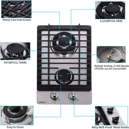 12 Inch Gas Cooktop, 2 Burners Built-in Gas Stovetop Stainless Steel Gas Stove Top LPG/NG Convertible Dual Fuel Sealed Hob
