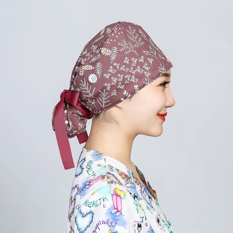 Printed Surgical Cap Scrub Cotton With Button Doctor Wrap Long Hair Adjustable Lace-up Women Beauty Care Hospital Accessories
