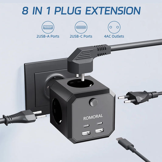 Square Power Strip Extender Cube with 4 AC Outlets 2 USB2Type C Ports Ports Network Filter 4000W 16A EU Plug for Home, Office