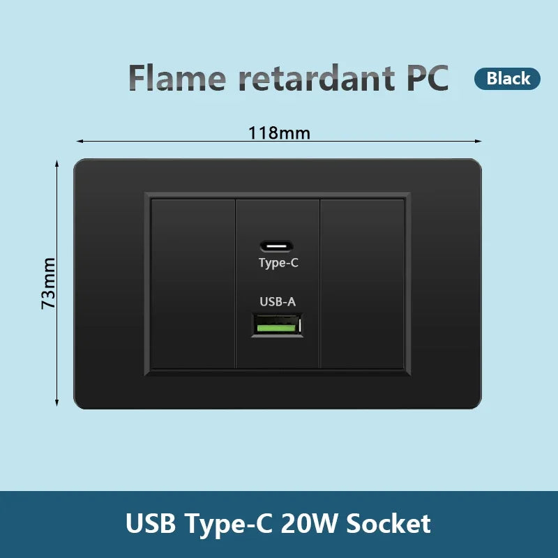 Korea Chile standard 20W Super Fast smart Charge Type C USB Port Power Wall Socket Plug,118*73mm Quick Charge electrical Outlet