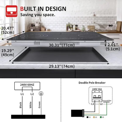 Electric Cooktop Ceramic Stove 4 Burners 30 inch Built-in Countertop Burners Cooker Satin Glass in Black Touch Sensor Control