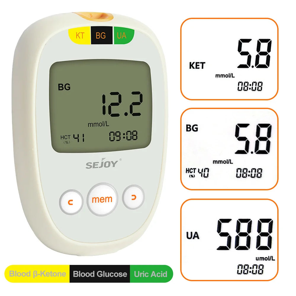 Glucose & Ketone Uric Acid Testing Meter Kit, Ketosis & Diabetes Management. 150 Test Strips (50 Each), Lancets, Lancing Device