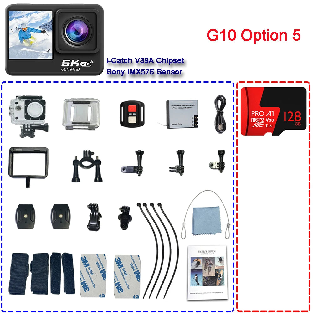 Action Camera 5K 4K60FPS EIS 48MP Wi-Fi Dual Screen 170D 8X Zoom Pre Record 30M Waterproof Sport Camera With Sony IMX576 Lens
