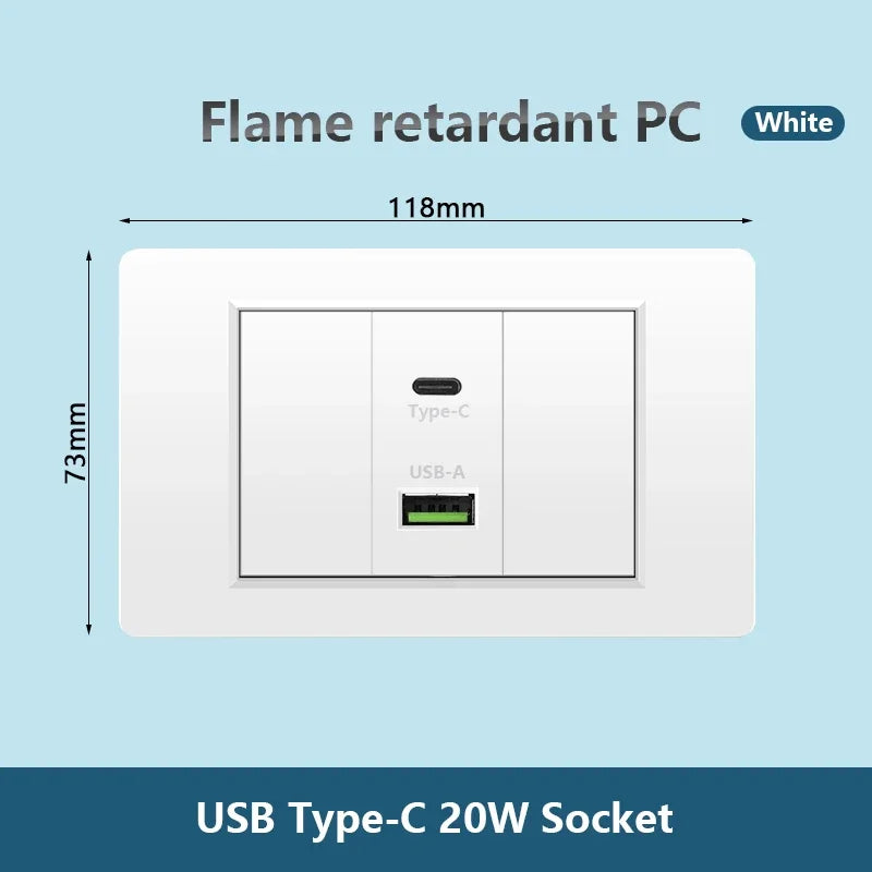 Korea Chile standard 20W Super Fast smart Charge Type C USB Port Power Wall Socket Plug,118*73mm Quick Charge electrical Outlet