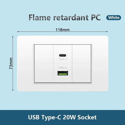 Korea Chile standard 20W Super Fast smart Charge Type C USB Port Power Wall Socket Plug,118*73mm Quick Charge electrical Outlet