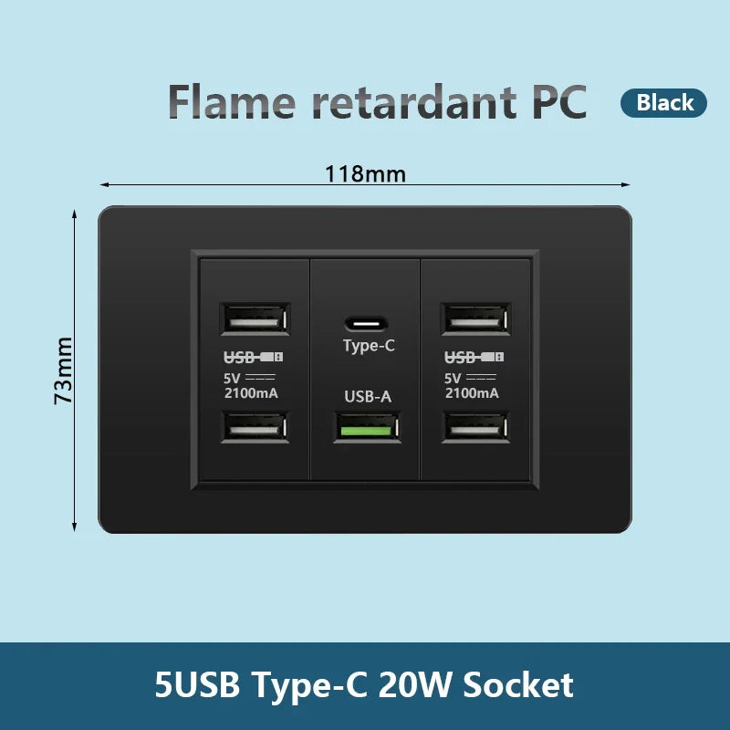 Korea Chile standard 20W Super Fast smart Charge Type C USB Port Power Wall Socket Plug,118*73mm Quick Charge electrical Outlet