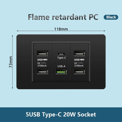 Korea Chile standard 20W Super Fast smart Charge Type C USB Port Power Wall Socket Plug,118*73mm Quick Charge electrical Outlet