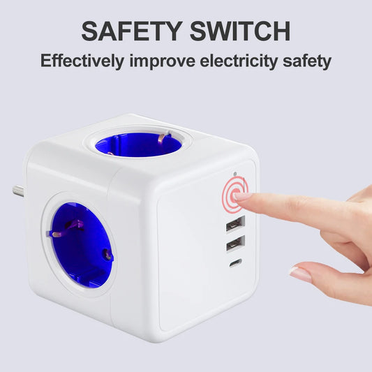 16A EU USB Travel Cube Smart Plug Power Strip 3680W With Switch Type C  Socket Power Network Filter European Extension Adapter