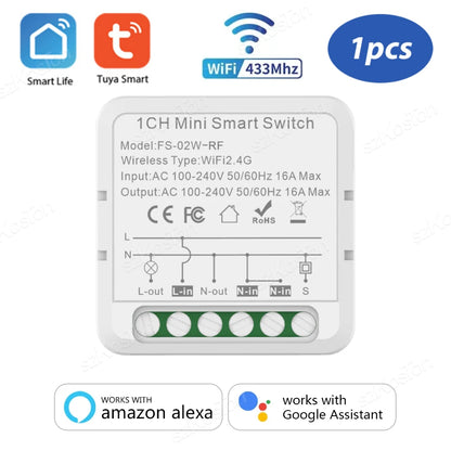 RF433 + WiFi Smart Switch 2in1 Function Tuya 16A Mini Light Switch Relay Smart Life APP Wireless Control Voice for Alexa Google
