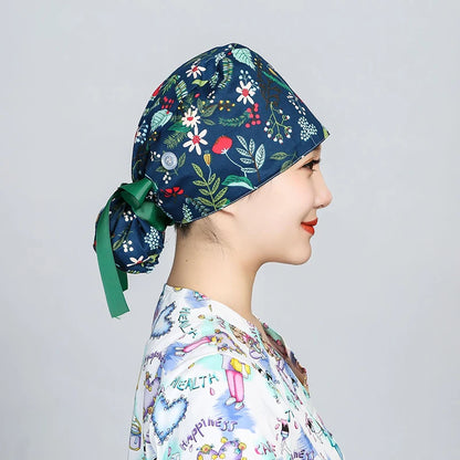 Printed Surgical Cap Scrub Cotton With Button Doctor Wrap Long Hair Adjustable Lace-up Women Beauty Care Hospital Accessories