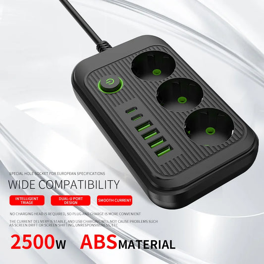 EU Plug Power Strip with USB Ports Extension 2M Cord Socket Network Filter Round Pin AC Outlet 2500W Electrical Charge Adapter
