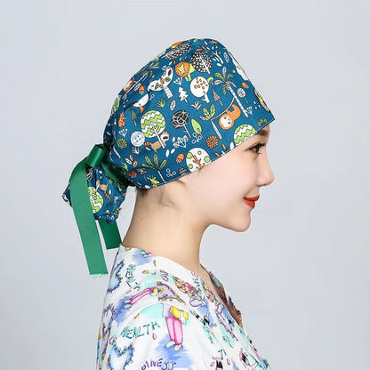 Printed Surgical Cap Scrub Cotton With Button Doctor Wrap Long Hair Adjustable Lace-up Women Beauty Care Hospital Accessories