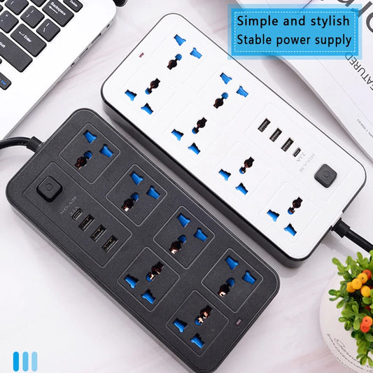 Power Multi Tap Universal Plug EU US UK Outlet Power Strip 1.8m Extension Cord Type C USB Port Charge AC Electrical Socket