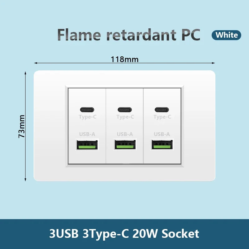 Korea Chile standard 20W Super Fast smart Charge Type C USB Port Power Wall Socket Plug,118*73mm Quick Charge electrical Outlet