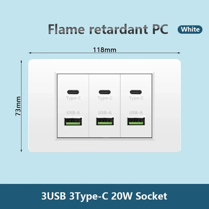 Korea Chile standard 20W Super Fast smart Charge Type C USB Port Power Wall Socket Plug,118*73mm Quick Charge electrical Outlet