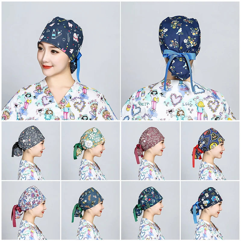 Printed Surgical Cap Scrub Cotton With Button Doctor Wrap Long Hair Adjustable Lace-up Women Beauty Care Hospital Accessories