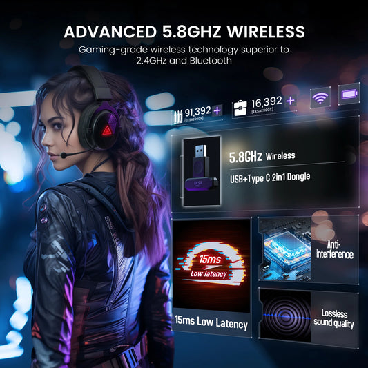 EKSA E900 X 5.8GHz Wireless Headphones 7.1 Wired Gaming Headset Gamer with ENC Mic 15ms Low Latency 3 Mode for PC/PS4/PS5/Xbox