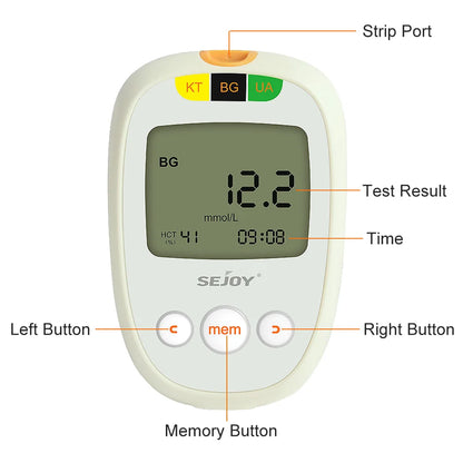 Glucose & Ketone Uric Acid Testing Meter Kit, Ketosis & Diabetes Management. 150 Test Strips (50 Each), Lancets, Lancing Device