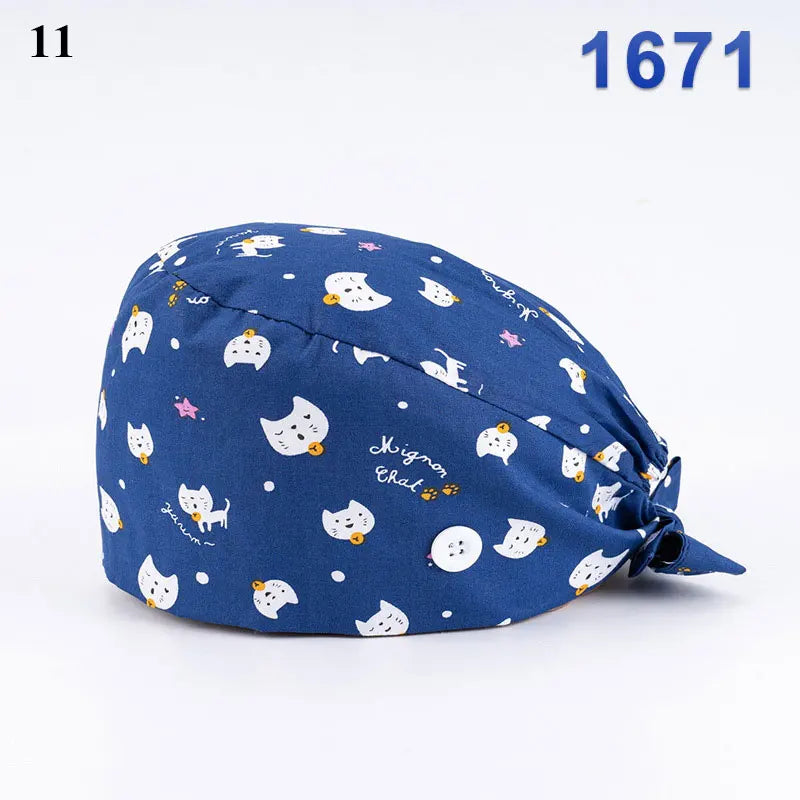 Floral Soft Hat Printing Nurse Sweat-absorbent Head Wrap Towel Surgical Anti-Dirty Pure Cotton Cap With Button Scrub Cap
