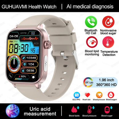2024 New ECG+PPG Uric Acid Non-Invasive Blood Glucose Smartwatch Men Bluetooth Call Heart Rate Blood Pressure Smart Watch Women