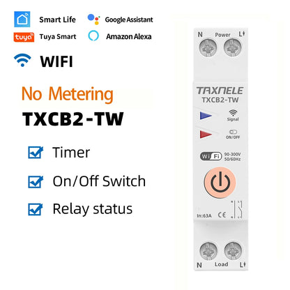TUYA WIFI Smart Circuit Breaker Power Metering Energy Meter KWh 1P 63A  Smart Life Remote Switch Timer Voltage Current Protect