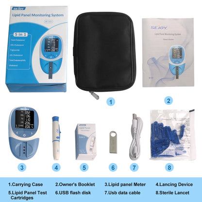 5 in 1 Lipid Meter,TC TG HDL LDL Triglyceride Cholesterol Test Kit Blood Lipid Profile Analyzer