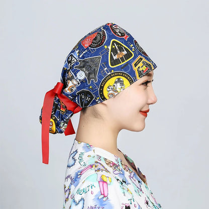 Printed Surgical Cap Scrub Cotton With Button Doctor Wrap Long Hair Adjustable Lace-up Women Beauty Care Hospital Accessories