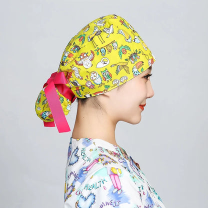 Printed Surgical Cap Scrub Cotton With Button Doctor Wrap Long Hair Adjustable Lace-up Women Beauty Care Hospital Accessories
