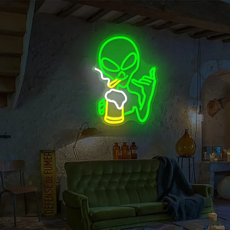 XM Green Alien Neon Light for Wall Decor Dimmable Man Cave Neon Sign LED Neon Sign Bedroom Hip Hop Party Game Room Beer Bar Gift