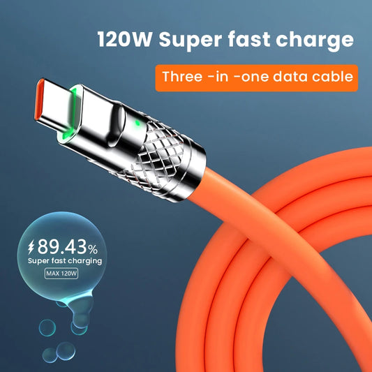120W 6A 3 in 1 Fast Charging Type C Cable Micro USB for iPhone Charging Cable For Samsung Huawei Xiaomi Phone Charger USB Cable
