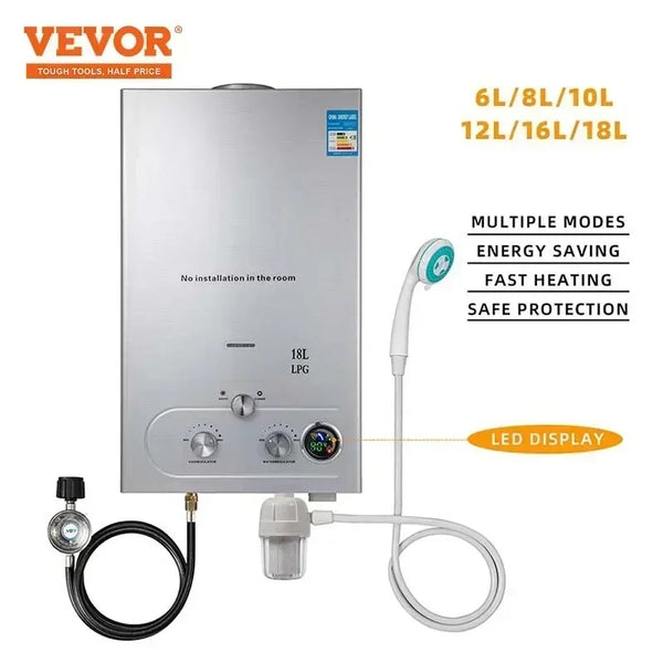 VEVOR 6L/8L/10L/12L/16L/18L propane gas LPG tank less water heater on-demand boiler shower kit, can be used outdoors