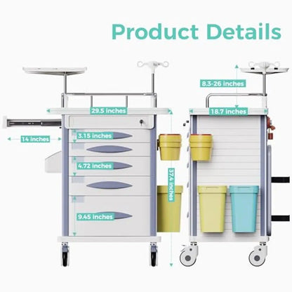 Medical Rolling Crash Cart with CPR Board IV Pole O2 Holder Trash Bin and Dividers Mobile Medical Cart with Wheels and Spacious