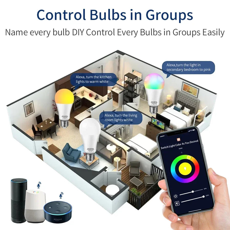 AC 220V 110V Tuya WiFi Smart Bulb E27 10W 15W 20W Dimmable LED Light Bulb Voice Control Works with Alexa Google Assistant