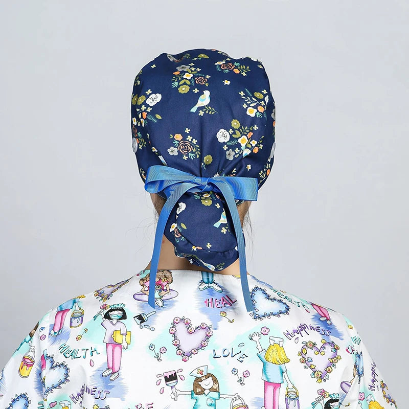 Printed Surgical Cap Scrub Cotton With Button Doctor Wrap Long Hair Adjustable Lace-up Women Beauty Care Hospital Accessories