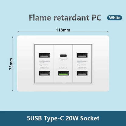 Korea Chile standard 20W Super Fast smart Charge Type C USB Port Power Wall Socket Plug,118*73mm Quick Charge electrical Outlet