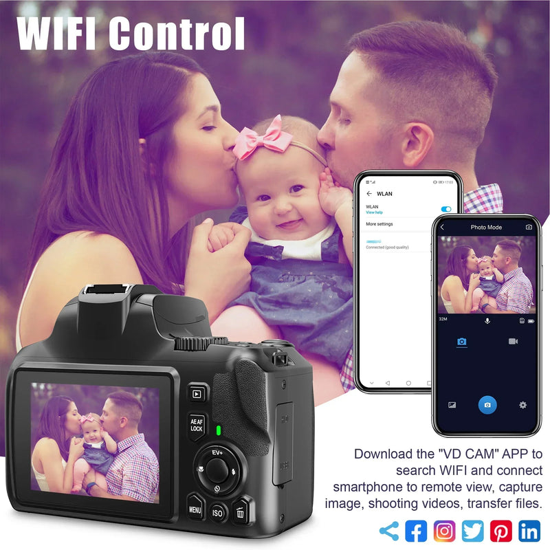 40X Digital Zoom Cameras for Photography 4K Optical Vlog Camera for YouTube with Flash 64MP WiFi Livestream Webcam Video Camera
