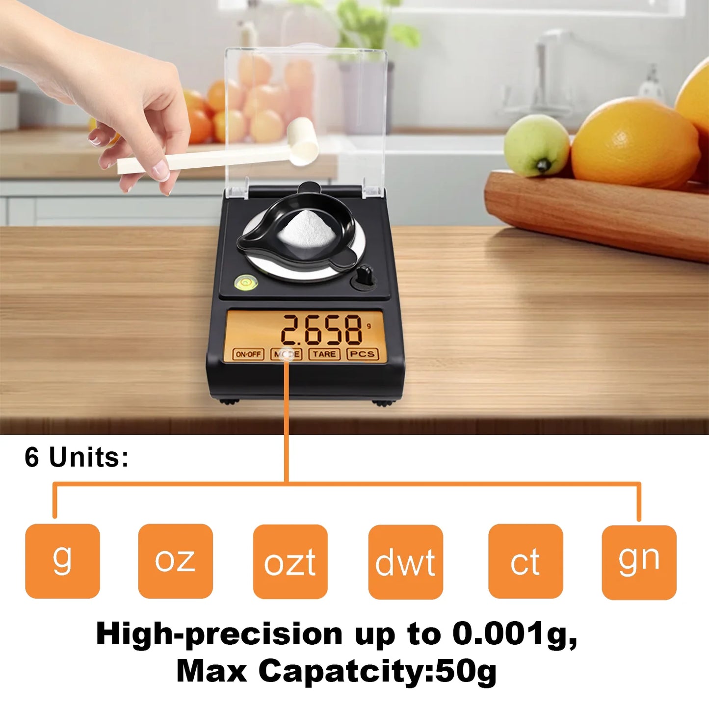 Milligram Scale 50 grams x 0.001 grams, large LCD display 6 weighing units for refilling capsule supplement medications