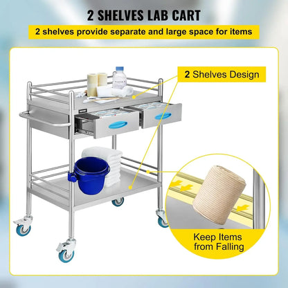 Lab Serving Cart Utility Cart Stainless Steel Medical Cart with Two Drawers for lab Equipment Use Grade I Stainless Steel