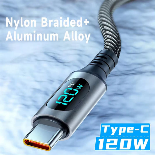 NNBILI 120W TypeC Super Fast Charging Cable For Xiaomi Huawei Samsung USB C Charger Cable 6A LED Digital Display Data Cord 1M 2M