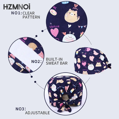 Cartoon Printed Women's Surgical Cap, 100% Pure Cotton Dental Cap, Beauty Salon Breathing and Cleaning Cap, Laboratory Work Cap