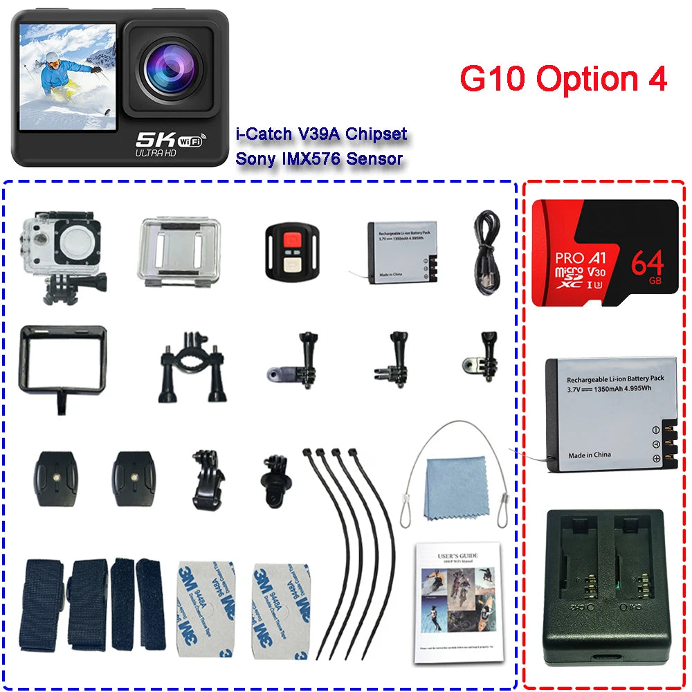 Action Camera 5K 4K60FPS EIS 48MP Wi-Fi Dual Screen 170D 8X Zoom Pre Record 30M Waterproof Sport Camera With Sony IMX576 Lens