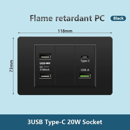 Korea Chile standard 20W Super Fast smart Charge Type C USB Port Power Wall Socket Plug,118*73mm Quick Charge electrical Outlet