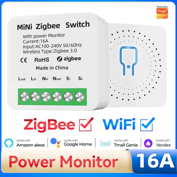 Tuya Smart Home ZigBee WiFi Smart Switch with Power Monitor 16A Mini Breaker Voice Control for Homekit Siri Alexa Google Alice