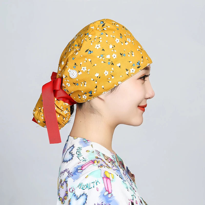 Printed Surgical Cap Scrub Cotton With Button Doctor Wrap Long Hair Adjustable Lace-up Women Beauty Care Hospital Accessories